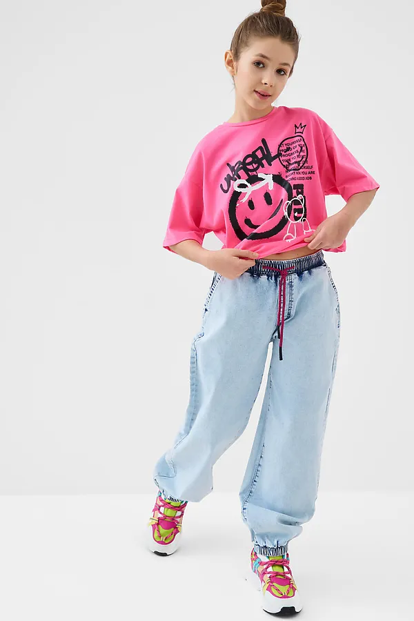 Брюки текстильные джинсовые для девочек PLAYTODAY, синий - фото 2
