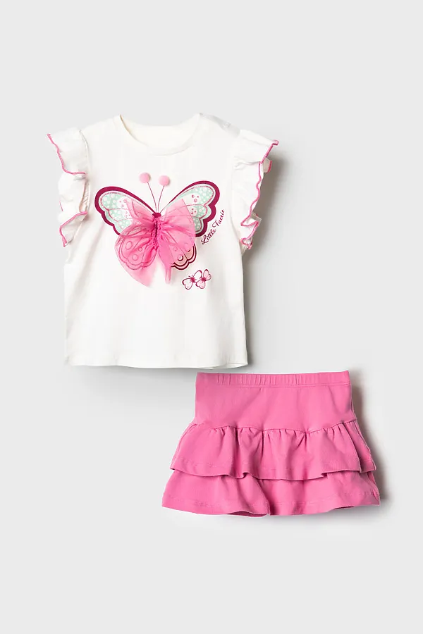 Комплект детский трикотажный для девочек: джемпер (футболка), юбка-шорты PLAYTODAY, розовый,белый - фото 2
