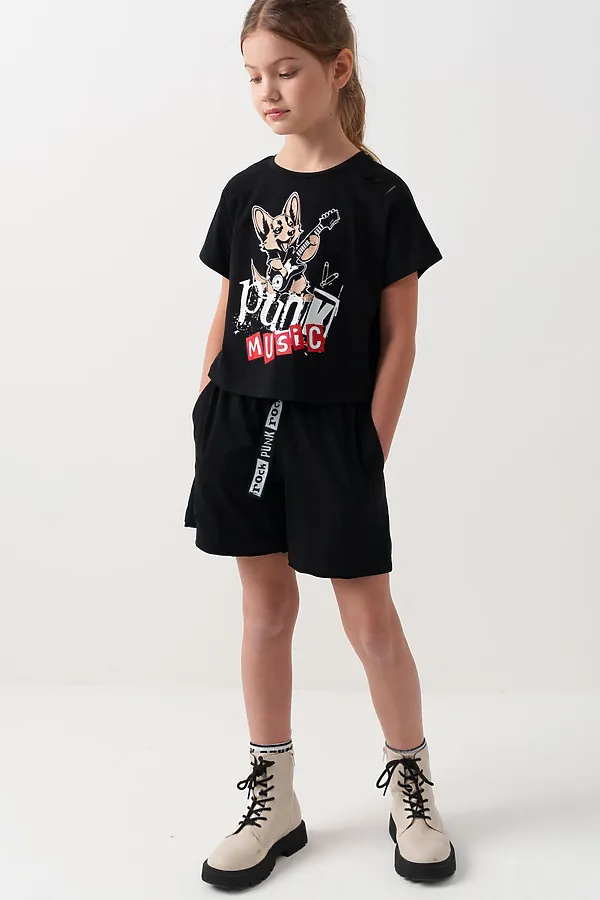 Комплект трикотажный для девочек: фуфайка (футболка), шорты PLAYTODAY, черный - фото 2