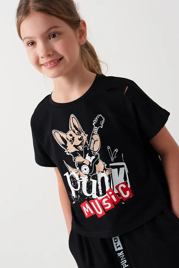 Комплект трикотажный для девочек: фуфайка (футболка), шорты PLAYTODAY, черный - фото 2