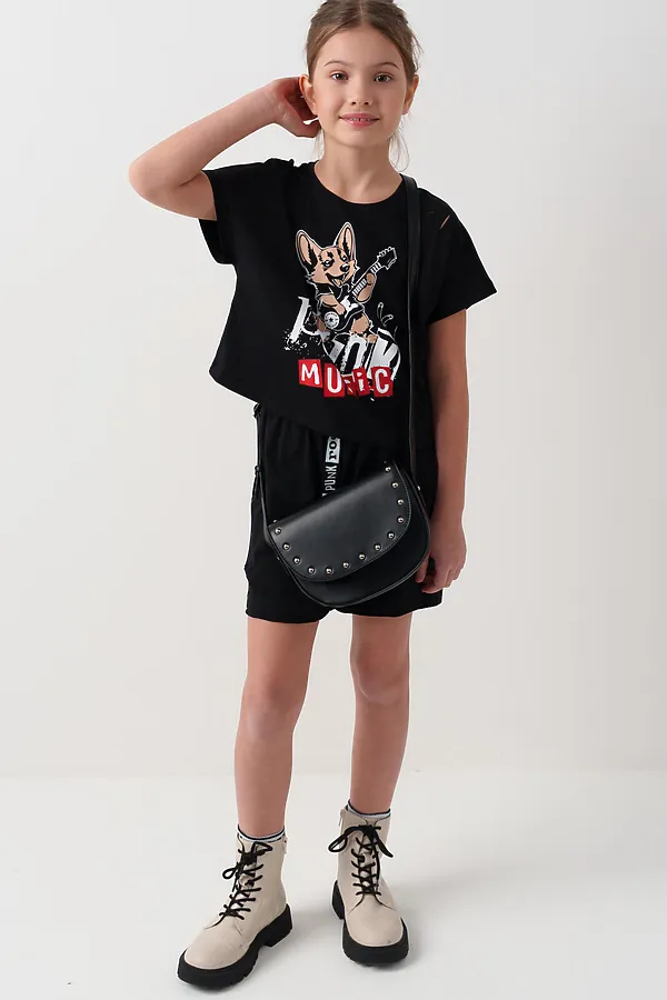 Комплект трикотажный для девочек: фуфайка (футболка), шорты PLAYTODAY, черный - фото 2