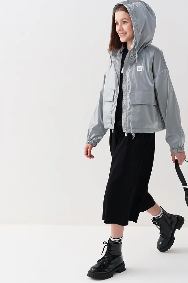 Куртка текстильная с полиуретановым покрытием для девочек (ветровка) PLAYTODAY, серебряный - фото 2