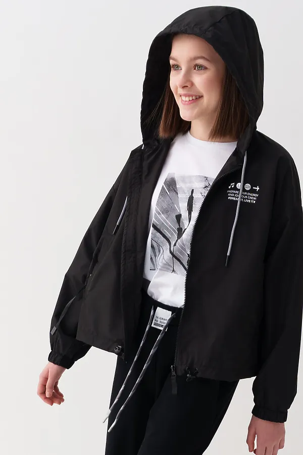 Куртка текстильная с полиуретановым покрытием для девочек (ветровка) PLAYTODAY, черный - фото 2