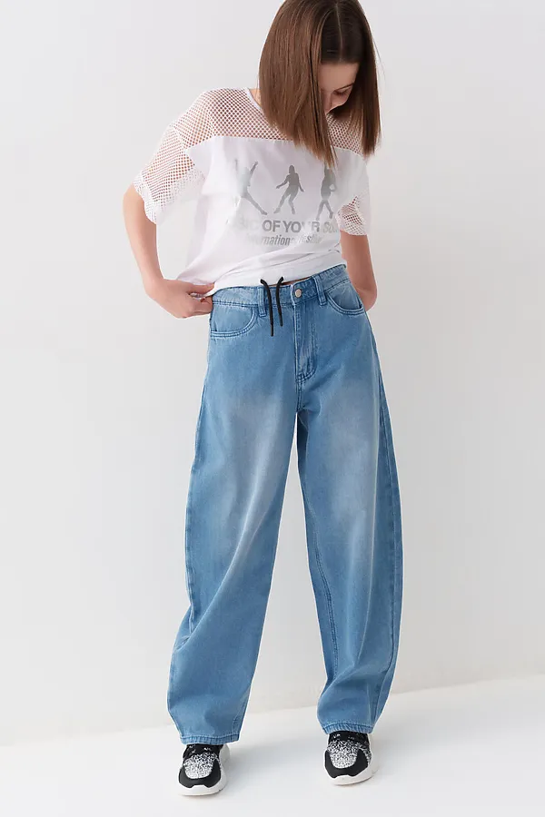 Брюки текстильные джинсовые для девочек PLAYTODAY, синий - фото 2