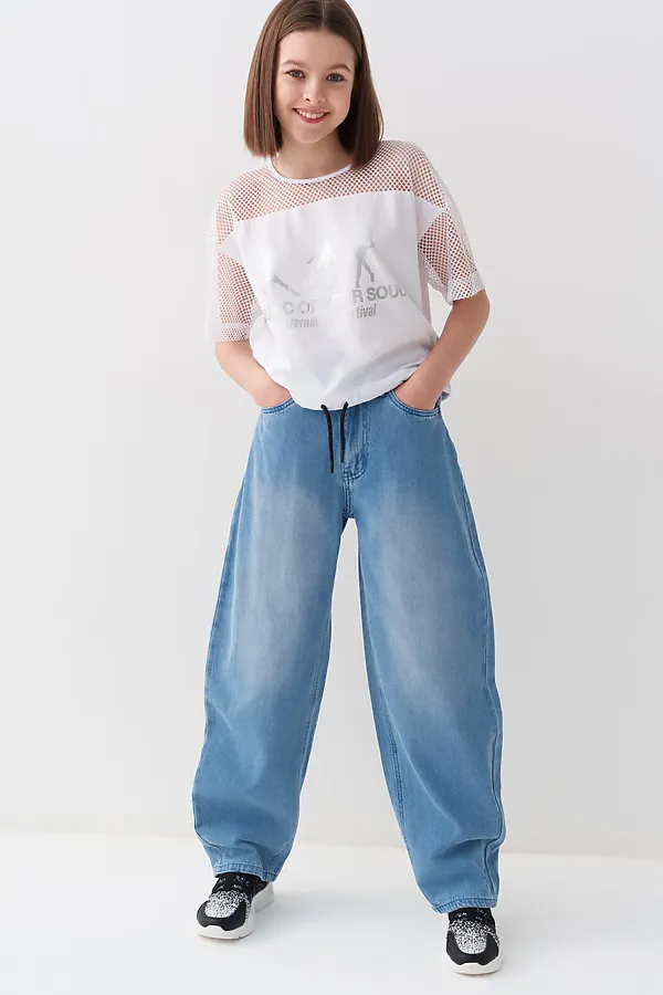 Брюки текстильные джинсовые для девочек PLAYTODAY, синий - фото 2