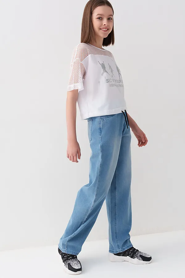Брюки текстильные джинсовые для девочек PLAYTODAY, синий - фото 2