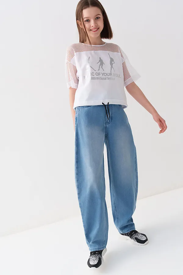 Брюки текстильные джинсовые для девочек PLAYTODAY, синий - фото 2