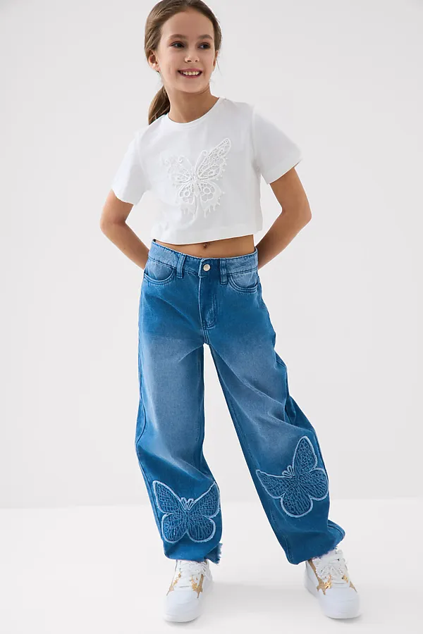 Брюки текстильные джинсовые для девочек PLAYTODAY, синий - фото 2