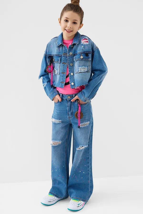 Брюки текстильные джинсовые для девочек PLAYTODAY, синий - фото 2