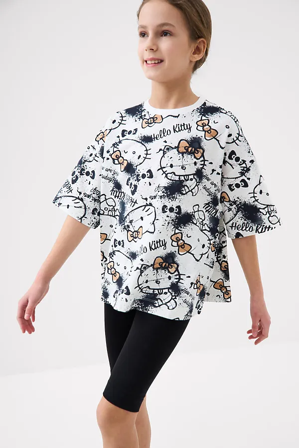 Комплект трикотажный для девочек: брюки (легинсы укороченные), фуфайка (футболка) PLAYTODAY, темно-серый,белый,бежевый - фото 2