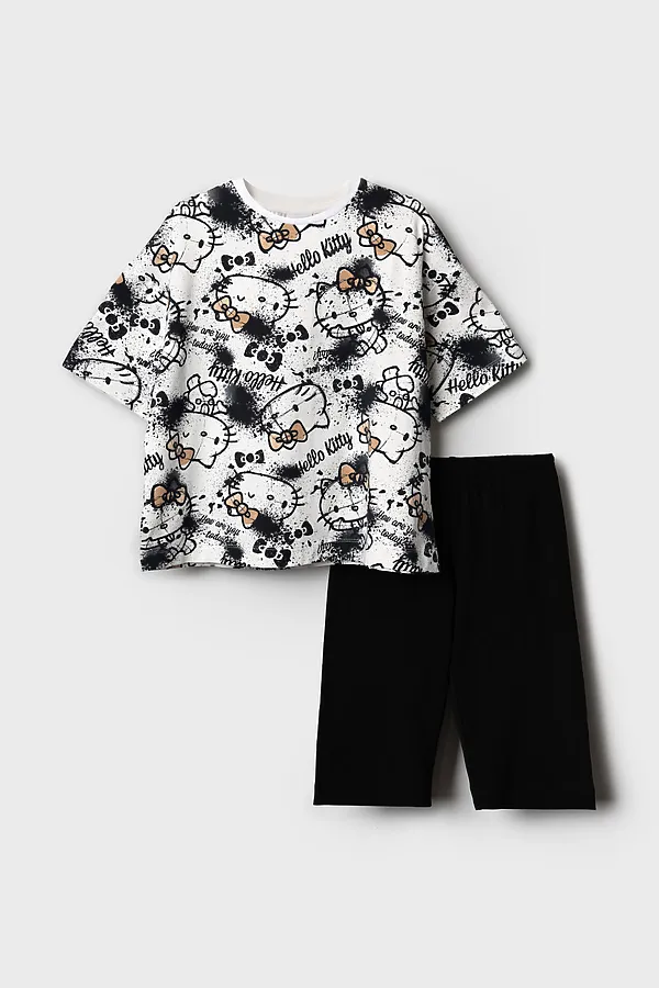 Комплект трикотажный для девочек: брюки (легинсы укороченные), фуфайка (футболка) PLAYTODAY, темно-серый,белый,бежевый - фото 2