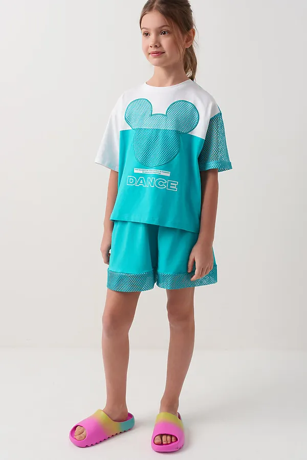 Комплект трикотажный для девочек: фуфайка (футболка), шорты PLAYTODAY, светло-зеленый,белый - фото 2