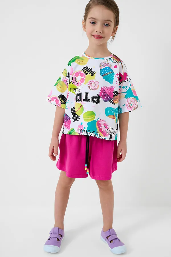 Комплект трикотажный для девочек: фуфайка (футболка), шорты PLAYTODAY, разноцветный - фото 2