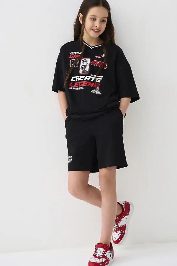 Комплект трикотажный для девочек: фуфайка (футболка), шорты PLAYTODAY, черный - фото 2