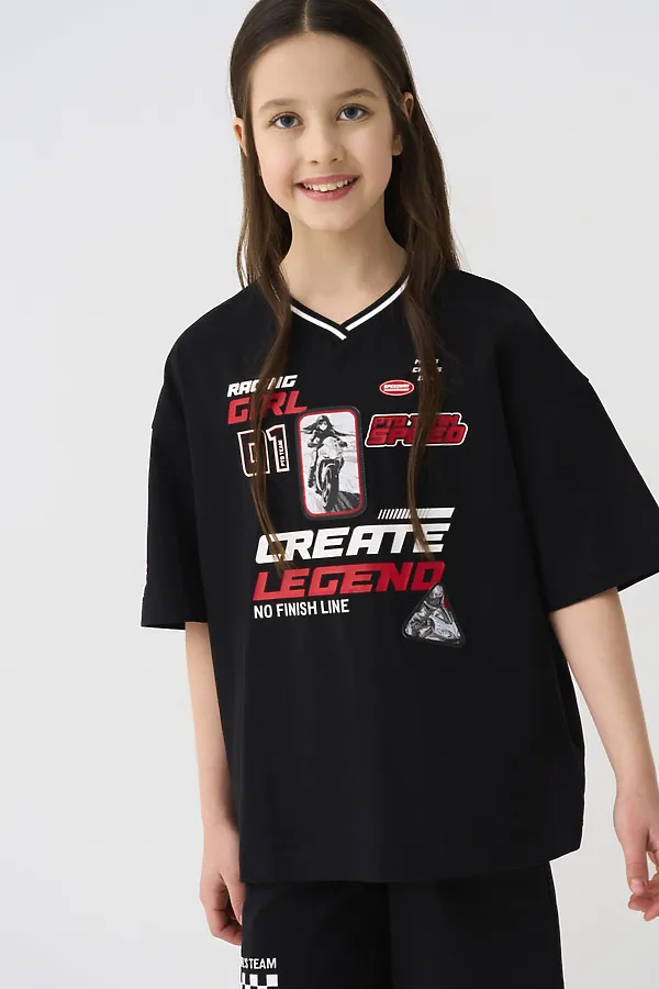 Комплект трикотажный для девочек: фуфайка (футболка), шорты PLAYTODAY, черный - фото 2