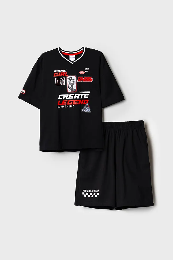 Комплект трикотажный для девочек: фуфайка (футболка), шорты PLAYTODAY, черный - фото 2
