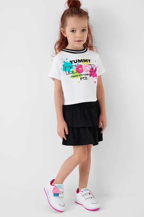 Комплект трикотажный для девочек: джемпер (футболка), юбка-шорты PLAYTODAY, белый,черный - фото 2