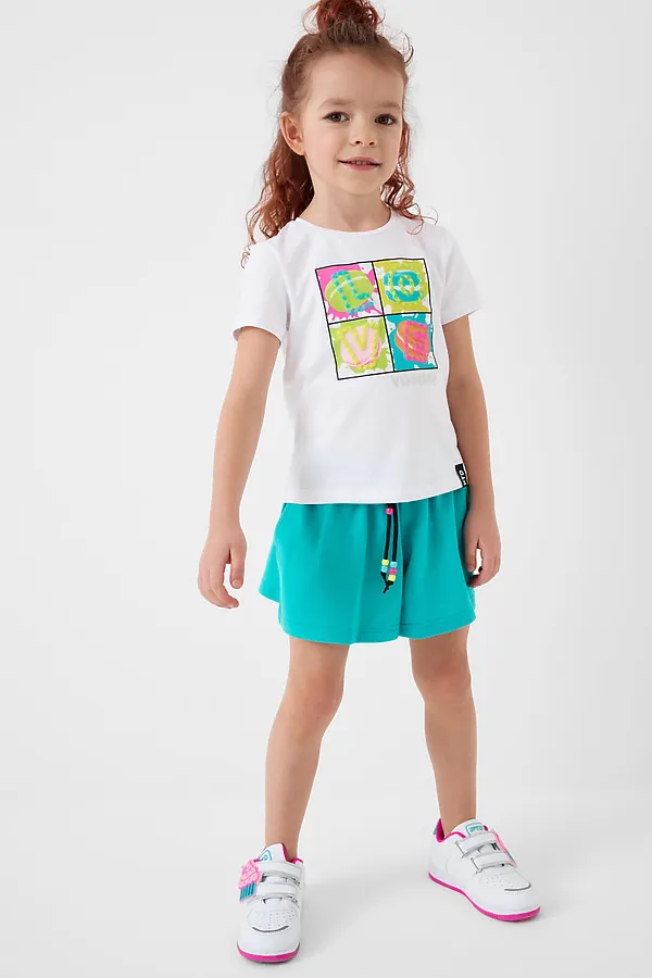 Комплект трикотажный для девочек: фуфайка (футболка), шорты PLAYTODAY, белый,бирюзовый - фото 2