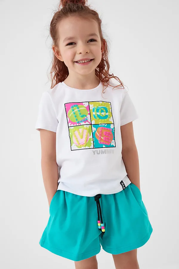 Комплект трикотажный для девочек: фуфайка (футболка), шорты PLAYTODAY, белый,бирюзовый - фото 2