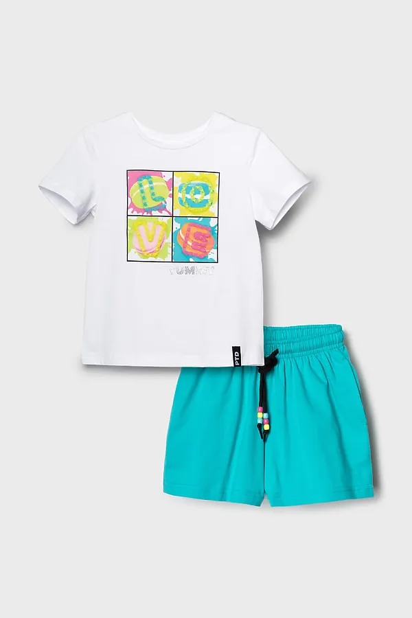 Комплект трикотажный для девочек: фуфайка (футболка), шорты PLAYTODAY, белый,бирюзовый - фото 2