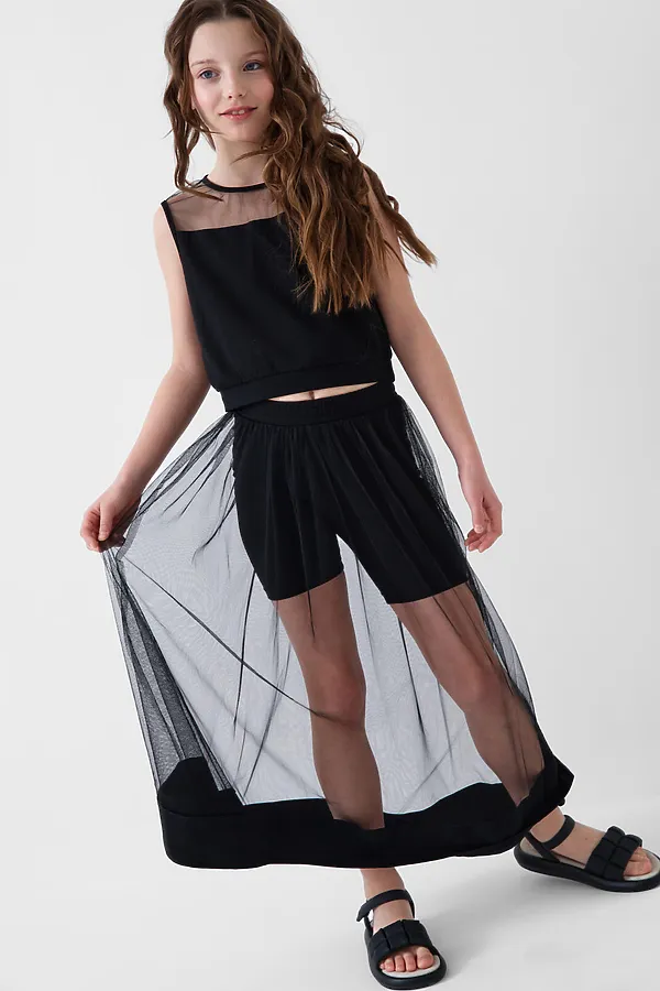 Комплект трикотажный для девочек: фуфайка (футболка), юбка-шорты PLAYTODAY, черный - фото 2