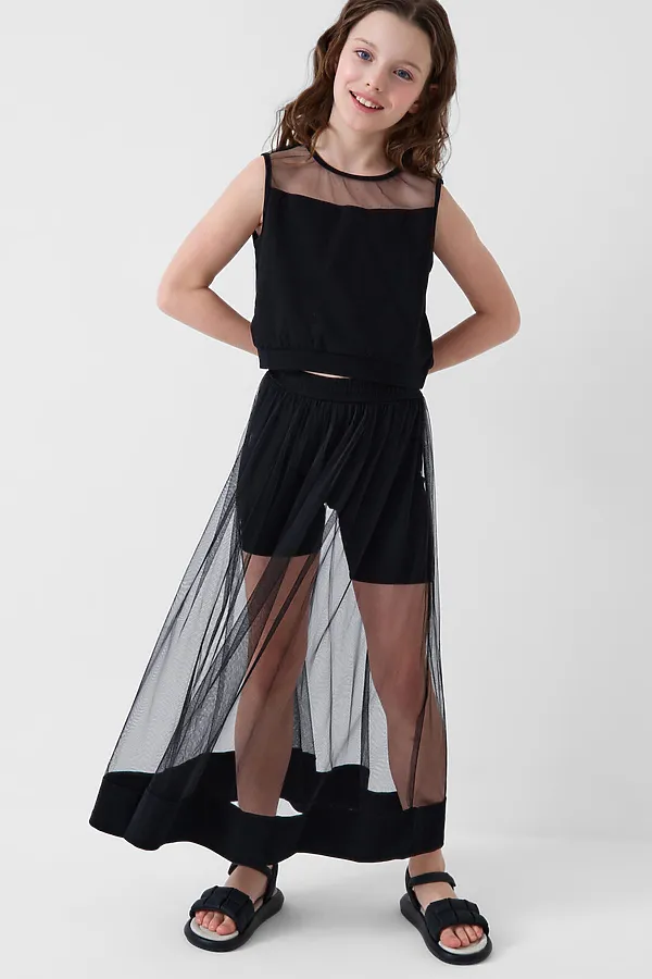 Комплект трикотажный для девочек: фуфайка (футболка), юбка-шорты PLAYTODAY, черный - фото 2