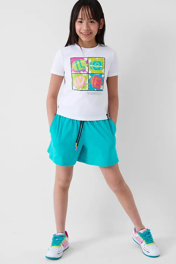 Комплект трикотажный для девочек: фуфайка (футболка), шорты PLAYTODAY, белый,бирюзовый - фото 2