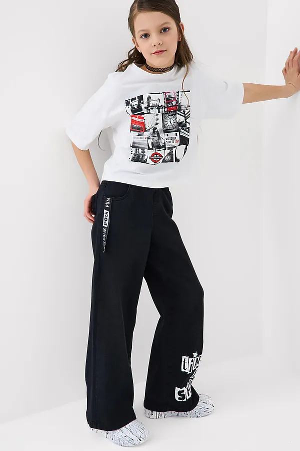 Брюки текстильные джинсовые для девочек PLAYTODAY, черный - фото 2