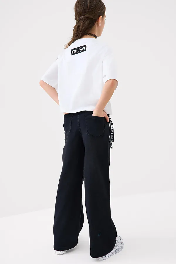 Брюки текстильные джинсовые для девочек PLAYTODAY, черный - фото 2