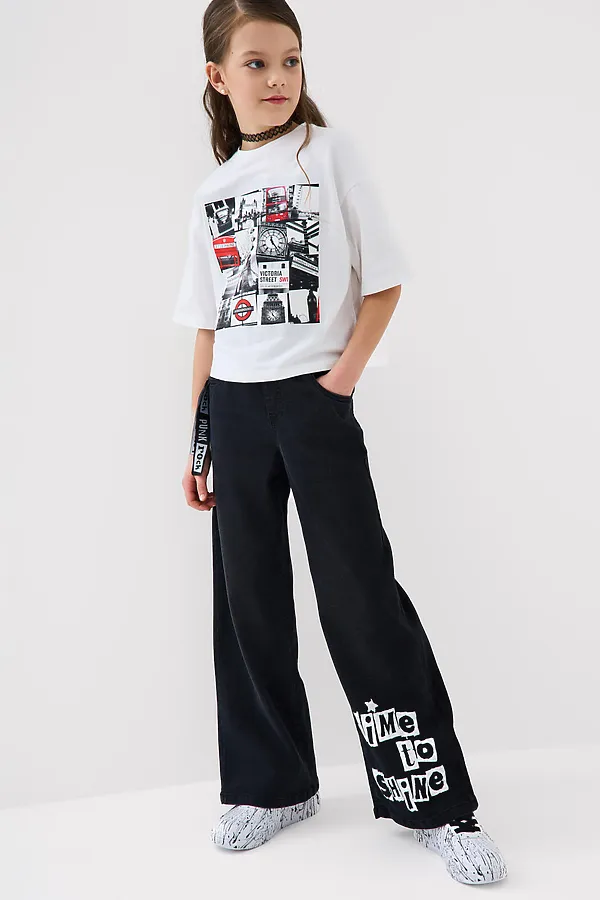 Брюки текстильные джинсовые для девочек PLAYTODAY, черный - фото 2