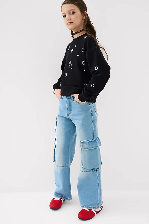 Брюки текстильные джинсовые для девочек PLAYTODAY, синий - фото 2