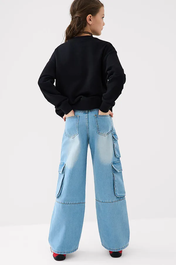 Брюки текстильные джинсовые для девочек PLAYTODAY, синий - фото 2