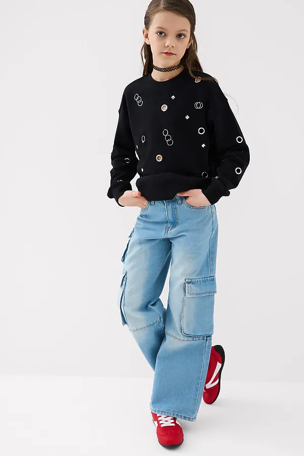 Брюки текстильные джинсовые для девочек PLAYTODAY, синий - фото 2