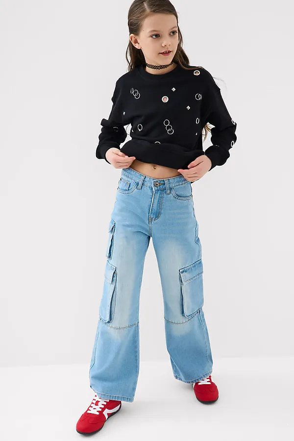 Брюки текстильные джинсовые для девочек PLAYTODAY, синий - фото 2