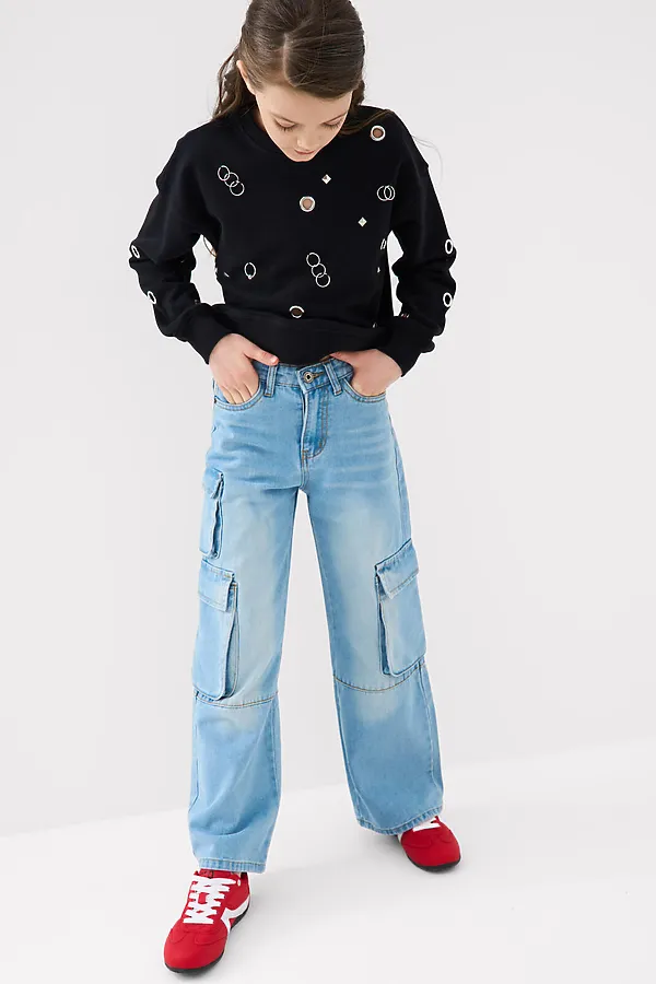 Брюки текстильные джинсовые для девочек PLAYTODAY, синий - фото 2