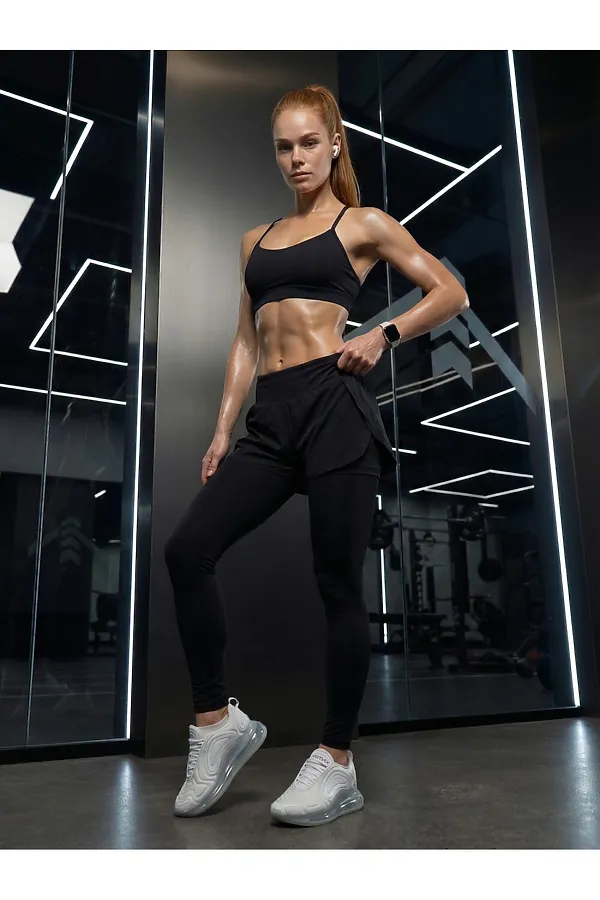 Легинсы женские с шортами 2 в 1 с высокой посадкой черного цвета MTFORCE, черный - фото 2