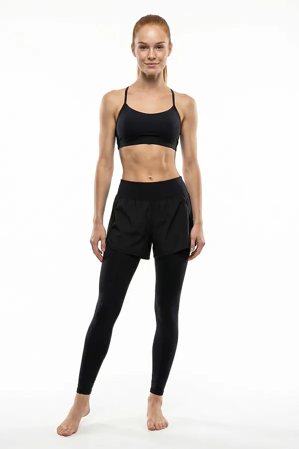 Легинсы женские с шортами 2 в 1 с высокой посадкой черного цвета MTFORCE, черный - фото 2