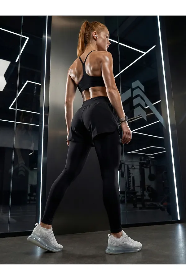 Легинсы женские с шортами 2 в 1 с высокой посадкой черного цвета MTFORCE, черный - фото 2
