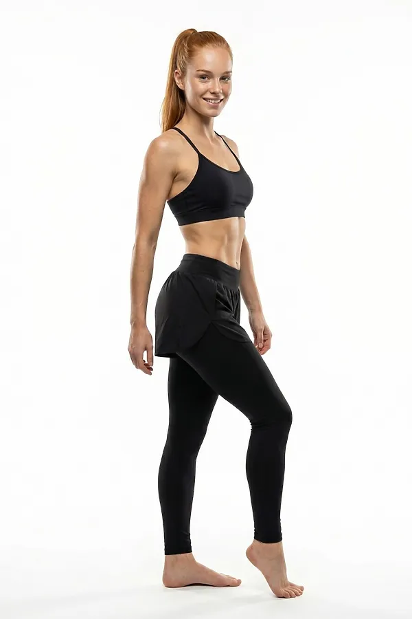 Легинсы женские с шортами 2 в 1 с высокой посадкой черного цвета MTFORCE, черный - фото 2