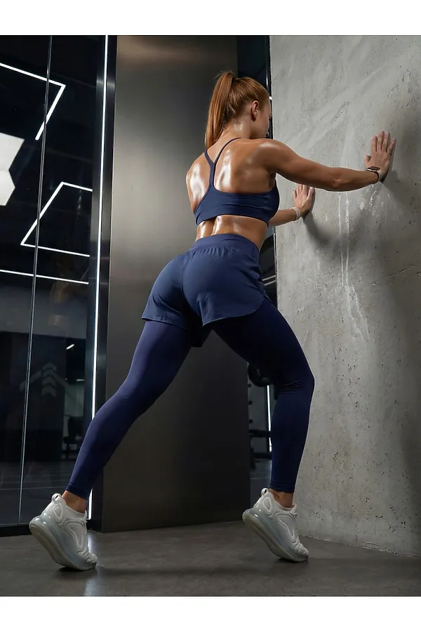Легинсы женские с шортами 2 в 1 с высокой посадкой темно-синего цвета MTFORCE, темно-синий - фото 2