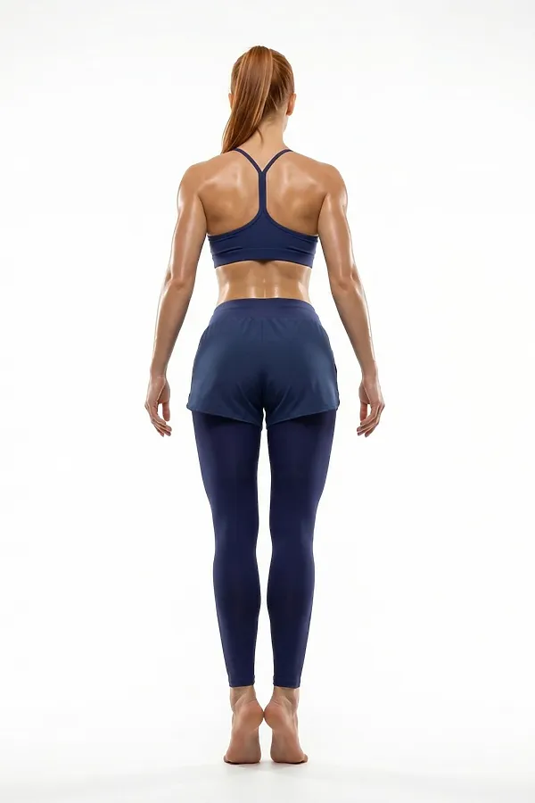 Легинсы женские с шортами 2 в 1 с высокой посадкой темно-синего цвета MTFORCE, темно-синий - фото 2
