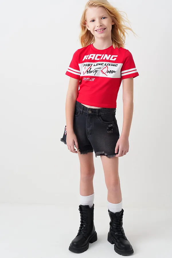 Шорты текстильные джинсовые для девочек PLAYTODAY, черный - фото 2