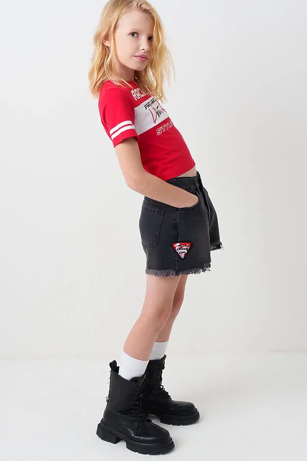 Шорты текстильные джинсовые для девочек PLAYTODAY, черный - фото 2