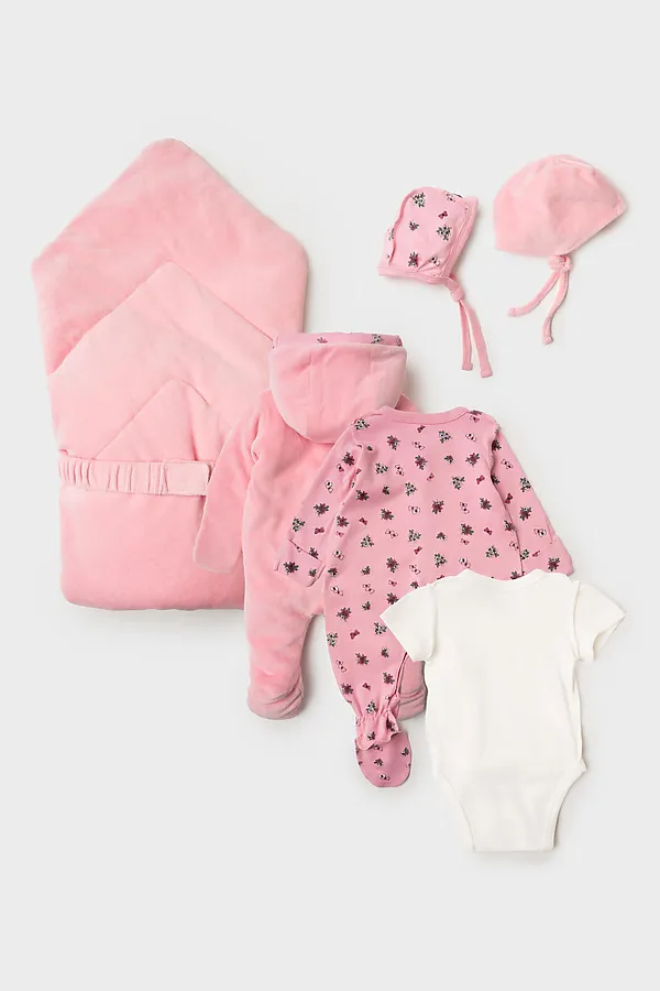 Комплект детский трикотажный для девочек: конверт-одеяло, комбинезон – 2 шт, боди, чепчик, шапочка PLAYTODAY, разноцветный - фото 2