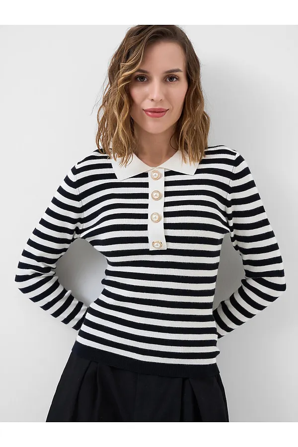 Джемпер трикотажный с воротником поло для женщин PLAYTODAY, белый,тёмно-синий - фото 2