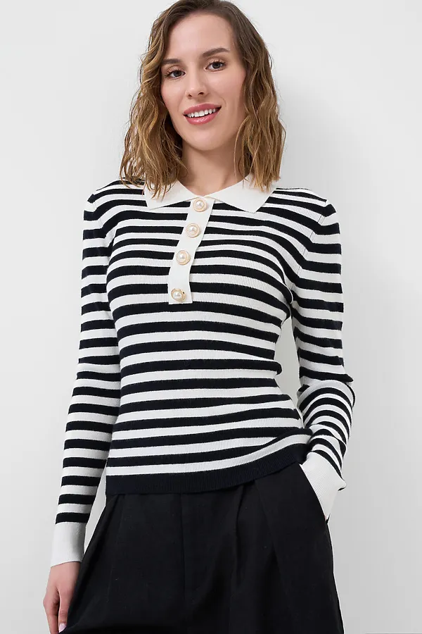 Джемпер трикотажный с воротником поло для женщин PLAYTODAY, белый,тёмно-синий - фото 2