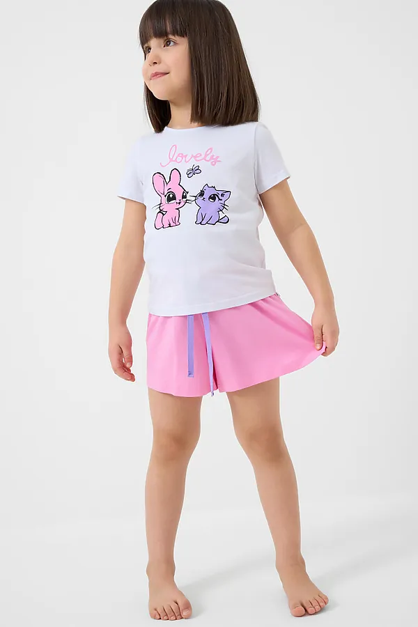 Пижама текстильная для девочек PLAYTODAY, белый,розовый - фото 2