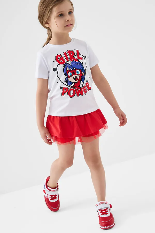 Комплект трикотажный для девочек: фуфайка (футболка), юбка-шорты PLAYTODAY, белый,красный - фото 2