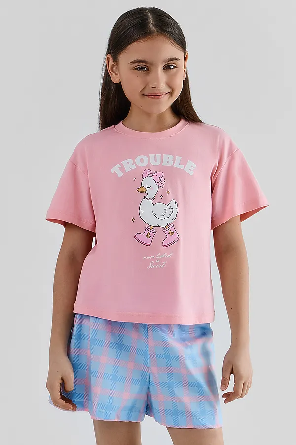 Комплект для девочек (футболка, шорты) MARK FORMELLE, розовый +розово -голубая клетка - фото 2