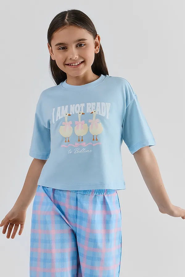 Комплект для девочек (футболка, брюки) MARK FORMELLE, голубой +розово -голубая клетка - фото 2